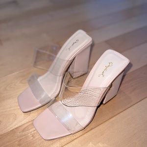 Nude block heel with clear straps